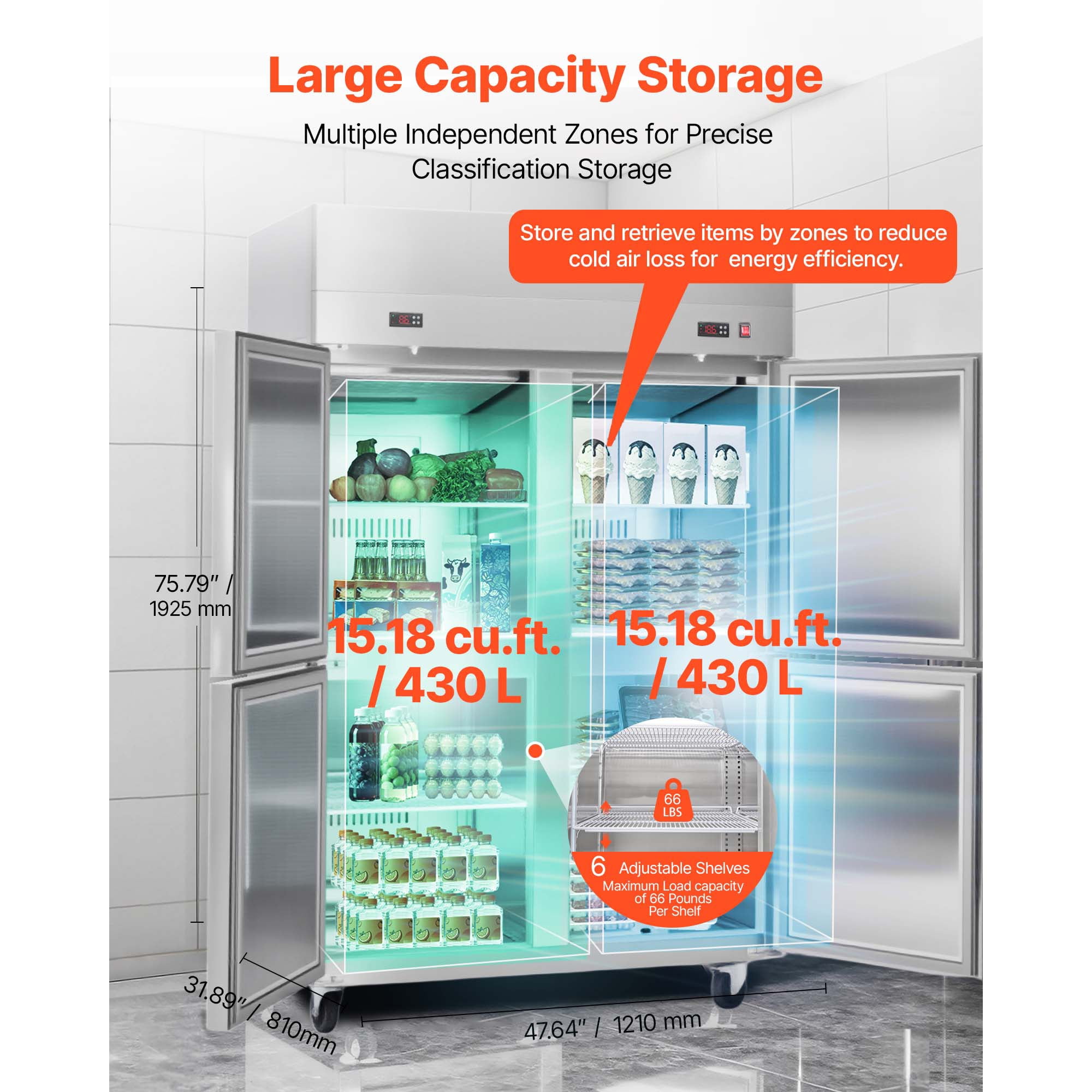 KFFKFF Commercial Refrigerator and Freezer Combo, Upright Unit, Stainless Steel