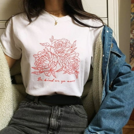 HEVIRGO Be Kind Or Go Away Rose Print Aesthetic T-Shirt Women Summer Short Sleeve Top