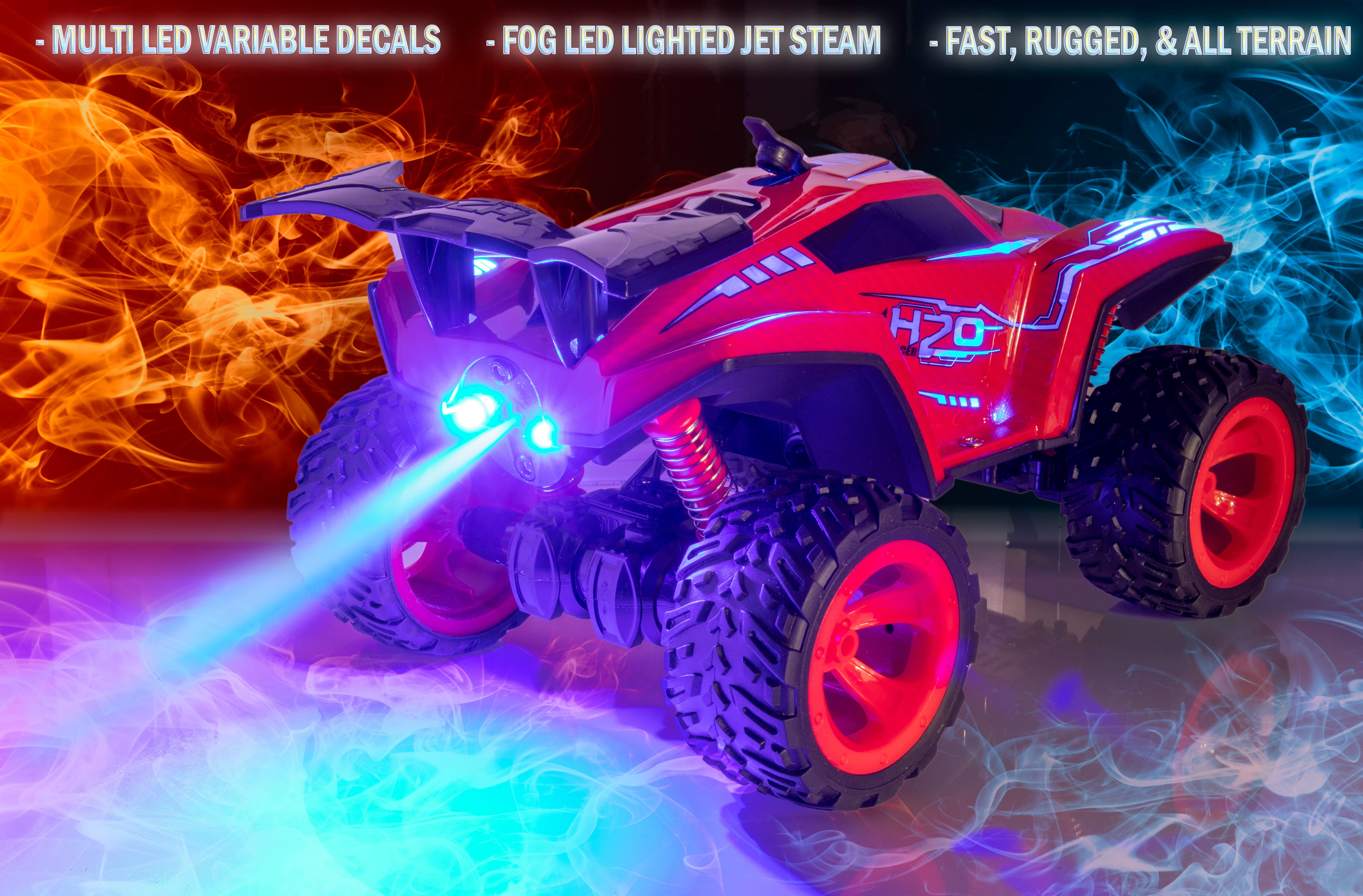 RC Remote Control Car w/ Steam Jet Exhaust LED Light Up - AWD 2.4GHZ Fast Truck - LED Decal Light Up Race Car Toy & Remote Fog Mist Car - RED