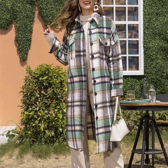 Winter Coats for Women Womens Fall Fashion 2025 Long Sleeve Lapel Classic Plaid Button Pocket Long Casual Coat