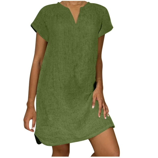 Admvng Robes pour Femmes Grande Taille Ample Col en V Été Uni Manches Courtes Coton Lin Robe d'Été P-5TG