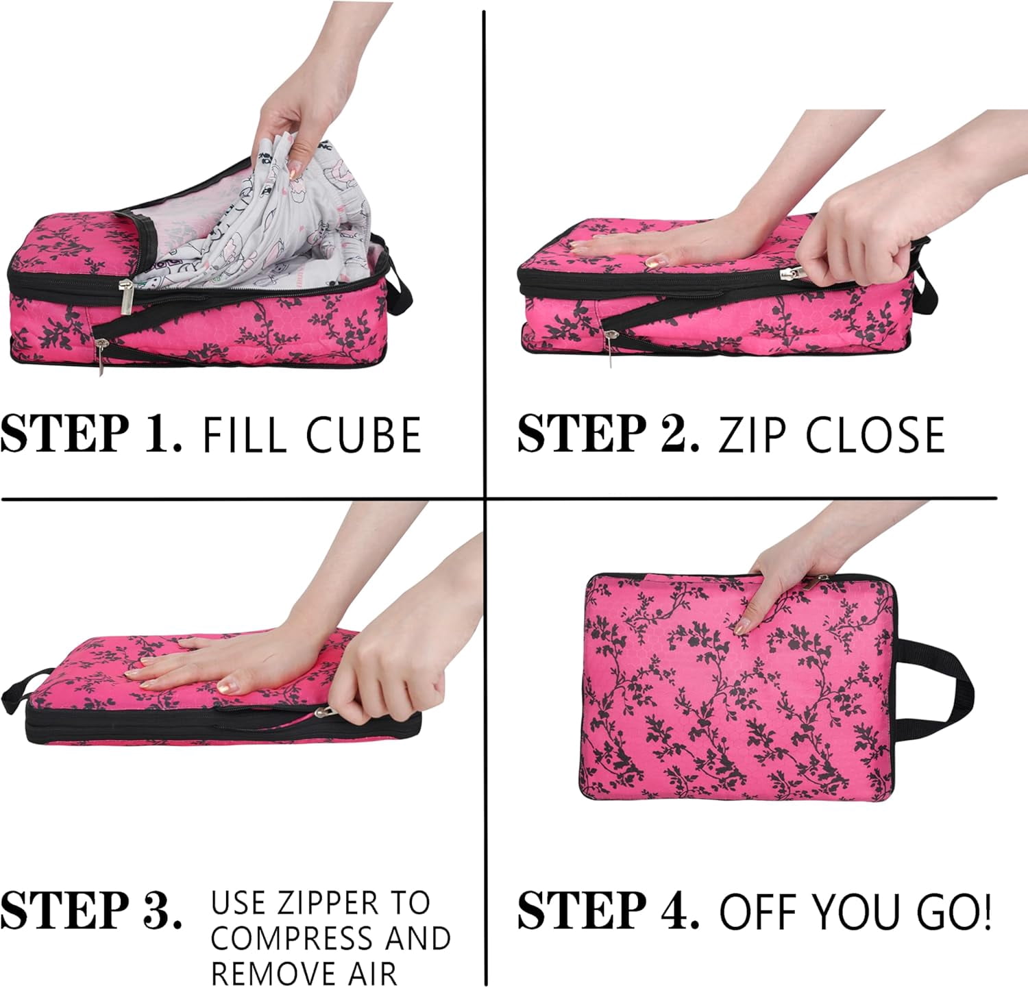 Compression Packing Cubes for Suitcases, 6 Set Travel Luggage Organizer Bags, Lightweight Waterproof Smell Proof Black Floral Packing Cubes as Travel Accessories for Women