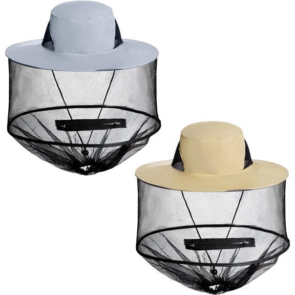 2 Pack Mosquito Head Net Hat Sun Hat Garden Bug Hat with Hidden Net Mesh for Outdoor Gardening Beekeeping Grey, Grey, 5-5 3/8