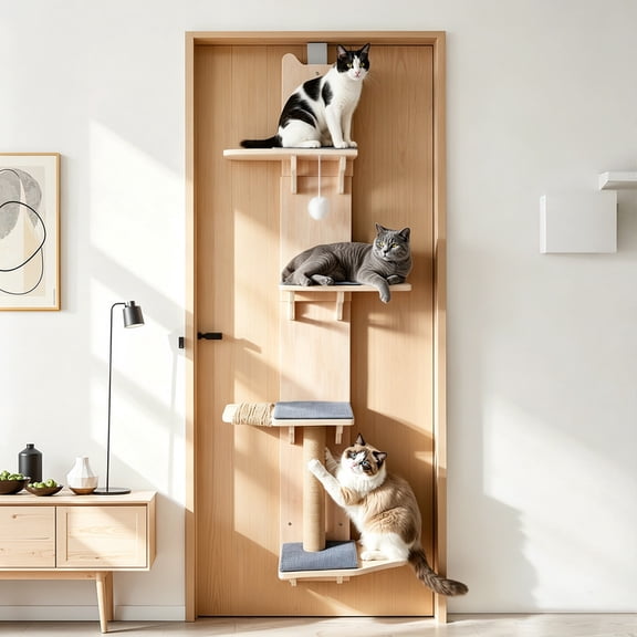 4-Tier Door Hanging Cat Tree Tower, Door Hanging Cat Climber with Scratching Post, Pads & Cat Ball, Vertical Cat Furniture for Small Medium Cats, Holds Up to 22 lbs