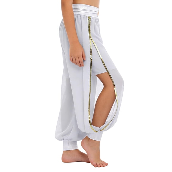 Aislor Belly Dance Pants Satin Tribal Baggy Pants Arabian Princess Cosplay for Halloween Carnival White 10