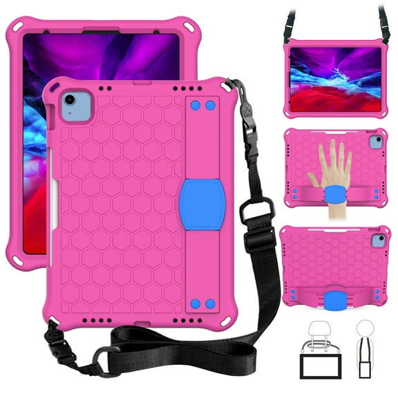 Allytechgroup Shockproof Case for Apple iPad A16 11th Gen 11" 2025/ iPad 10th Gen 10.9" 2022, Heavy Duty Protection Stand Hand Strap Shoulder Strap Bumper Rugged Kids Friendly Case Cover,Rose Blue