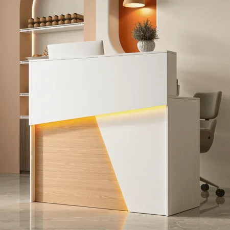 RichYa 47.24"W Reception Desk with LED Lights & Power Outlets,Modern White Reception Counter with 2-Tier Shelf Storage for Office,Retail Store(B)
