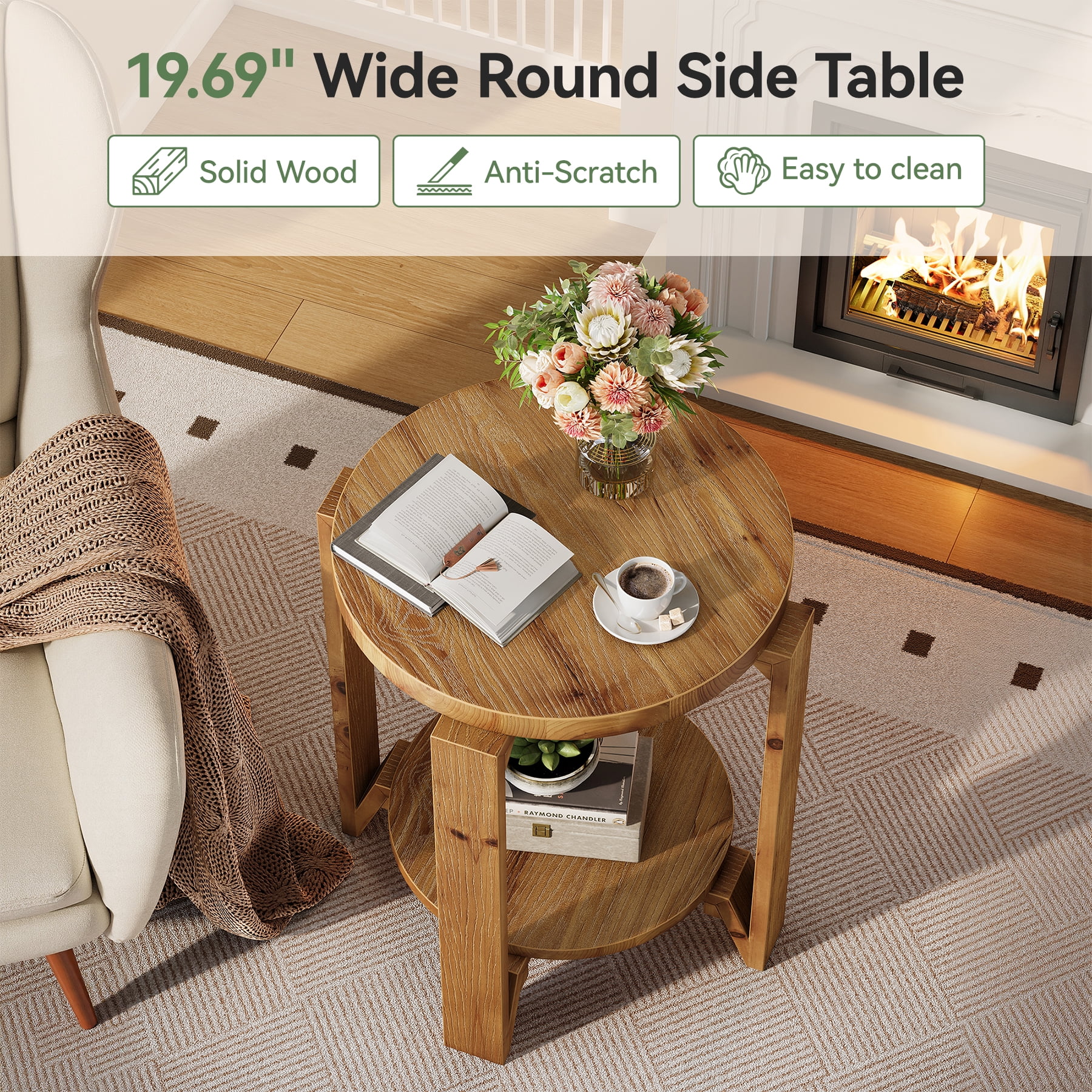 Finmind Solid Wood End Table, 19.69 Inch Round Sofa Side Table with Storage,  2-Tier  Farmhouse Wooden Nightstand for Living Room, Bedroom, Couch, Set of 2, Brown