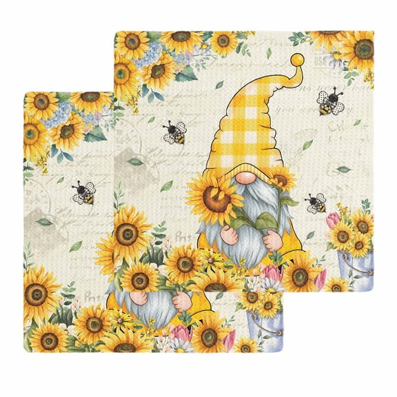 Sunflower Gnomes Kitchen Dish Towels for Drying Dishes Set of 2, Yellow Sunflower Vintage Leaves Bee Waffle Weave Microfiber Hand Tea Bathroom Towels Quick Dry & Absorbent Towel 12x12