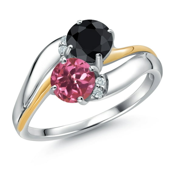 Gem Stone King 925 Sterling Silver and 10K Yellow Gold Pink Tourmaline Black Sapphire 2 Stone and Lab Grown Diamond Accent Ring for Women (1.24 Cttw, Gemstone Birthstone, Size 7)