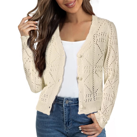 DARING DIVA Women's Long Sleeve Cropped Knit Button Up Crochet Cardigan S Beige