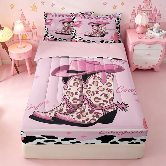 Erosebridal Western Leopard Cowboy Boot Zipper Twin Comforter Sets with Fitted Sheet and 2 Pillowcases,Cute Cowgirl Stars Cactus Zipper Bedding Set For Girls,Pink Reversible,4 Pieces