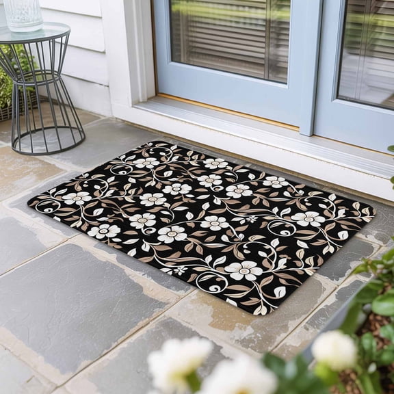 Black White Floral Door Mat Indoor Outdoor, Farmhouse Vintage Botanical Leaves Non Slip Welcome Mat with Rubber Backing, Absorbent Fabric Front Door Mats Entryway Rug for Home Patio Entrance 16"x24"