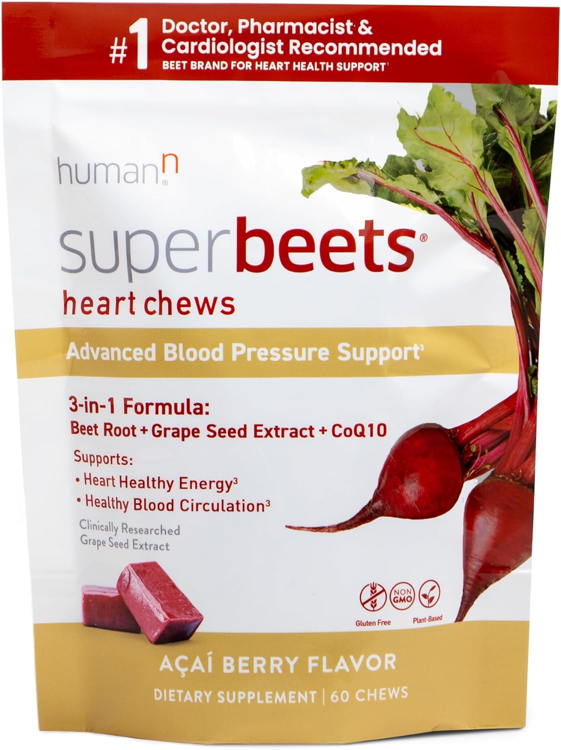 HumanN SuperBeets Heart Chews Advanced - 3-in-1 Formula with Beetroot, Grape Seed Extract, & CoQ10, 60 Count