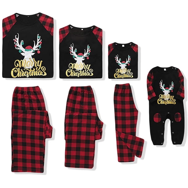 Conjuntos de pijamas familiares a juego PJ de Navidad con camiseta de manga larga con estampado de letras y pantalones a cuadros rojos Loungewear Adepaton CJWUS-1116