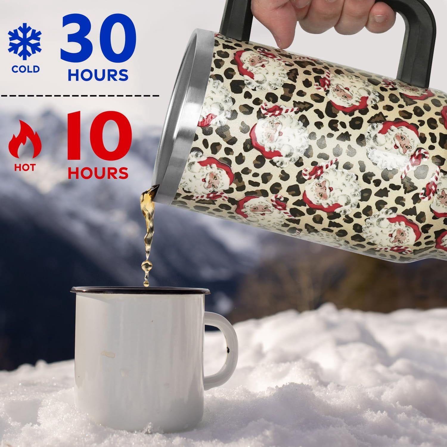 Christmas Santa Leopard Tumbler with Handle and Straw Lid 40 oz,Cute Christmas Gifts for Women Vacuum Insulated Leak Proof Tumbler,Winter Holiday Accessories Stainless Steel Coffee Cup Mug