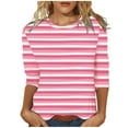 thumbnail image 2 of HOMBOM Pink Tops for Women Stripes Summer 3/4 Sleeve Colorful Crew Neck Temperament 2025 Tee Shirts, 2 of 4