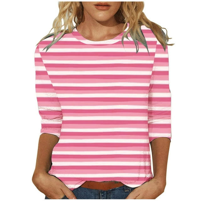 Lenpel T-Shirts à Manches 3/4 pour Femmes, Tendance, Col Ras du Cou, Tunique Rayée, T-Shirts Décontractés Amples, Blouses (Rose, Grand)