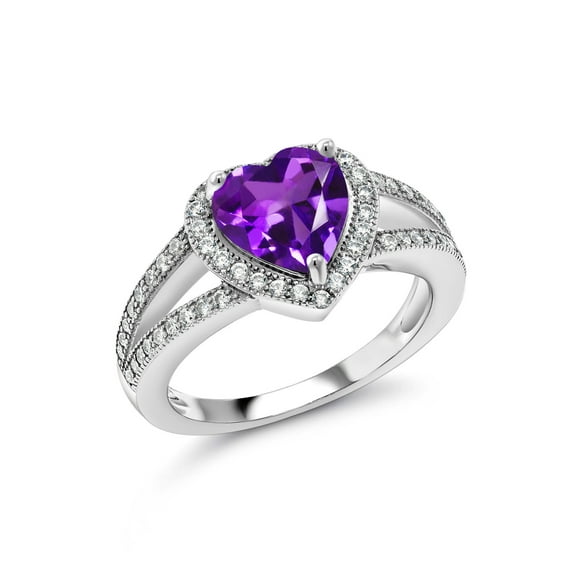 Gem Stone King 925 Sterling Silver Purple Amethyst and White Moissanite Ring for Women (2.31 Cttw, Gemstone February Birthstone, Heart Shape 8MM, Available in Size 5,6,7,8,9)