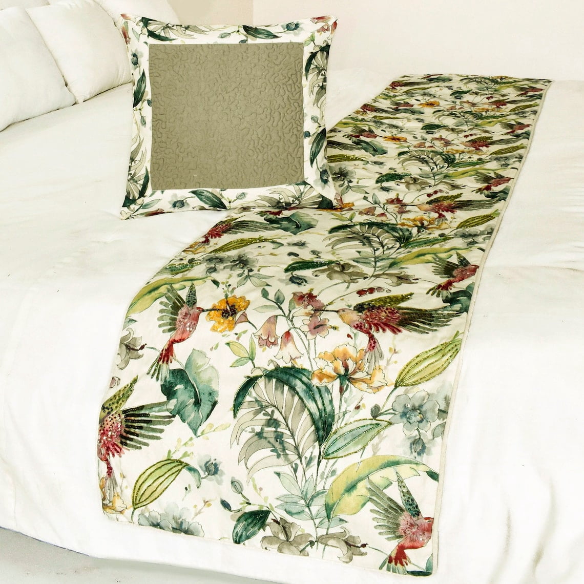 The HomeCentric King Queen Twin Ivory & Multi Designer CA King 86"x18" Bed Runner With 2 Pillow Cover, Bird, Sequins & Beaded Bed Scarf on Cotton fabric - Exotic Birds