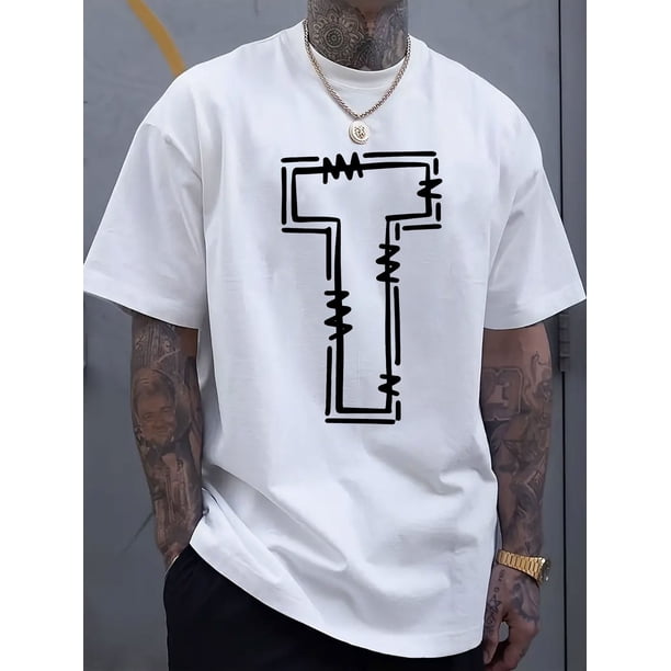 Simple and stylish T-letter printed men's round neck short sleeved T-shirt, comfortable and breathable casual sports top suitable for spring and summer vacation leisure, Casual Sporty Tee, Comfy Tee