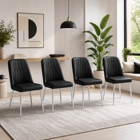 TesNus Dining Chairs 35 inch Black Faux Leather Modern Minimalist Silver Metal Legs Set of 4 Kitchen Dining Room