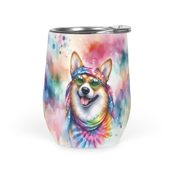 Hippie Corgi Portrait Watercolor Tie-Dye Vintage Styles 12oz Stainless Steel Wine Tumbler Insulated Cup with Lid Welsh Corgi Dog Lover Gifts Idea - 00014
