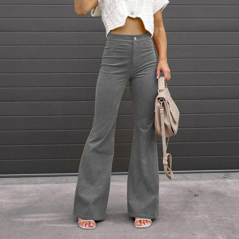 RQYYD Women Corduroy Flared Pants Solid Color Casual Stretch High Waist  Bootcut Bell Bottom Trousers Streetwear with Pockets Gray S