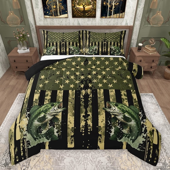 Homewish Teens Boys Girls Big Bass Fish Bedding Comforter Set 2pcs,Abstract Vintage USA Flag Twin Comforter Sets Microfiber,Fishing And Hunting Breathable Bedding Set,Lightweight Room Decor
