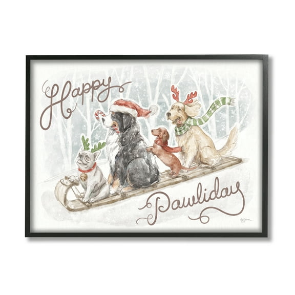 Stupell Industries Happy Pawliday Dogs Holiday Painting Black Framed Art Print Wall Art, 14 x 11