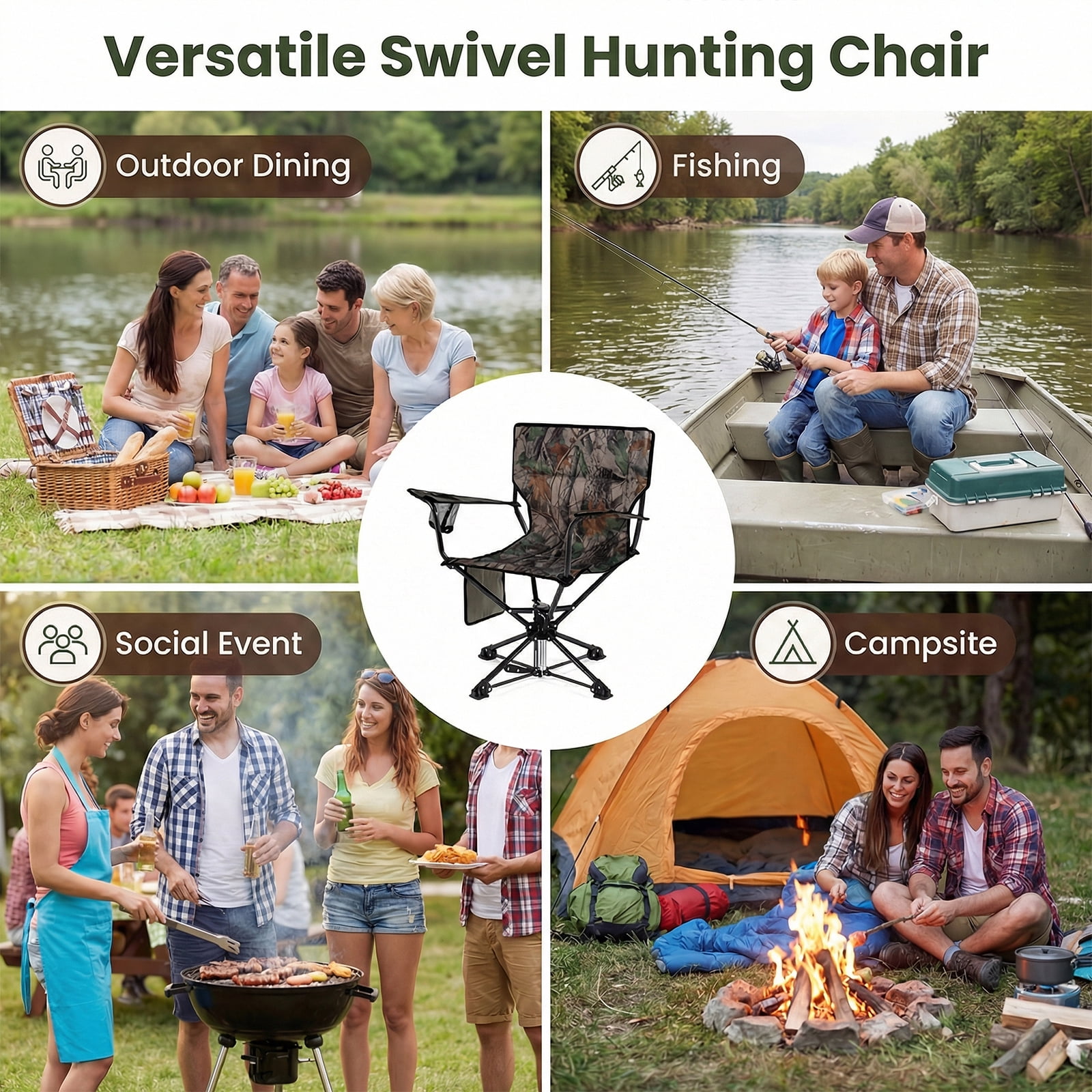 Goplus 1 PCS 360° Swivel Hunting Chair with Mesh Cup Holder & Storage Pockets Cozy Backrest Camouflage