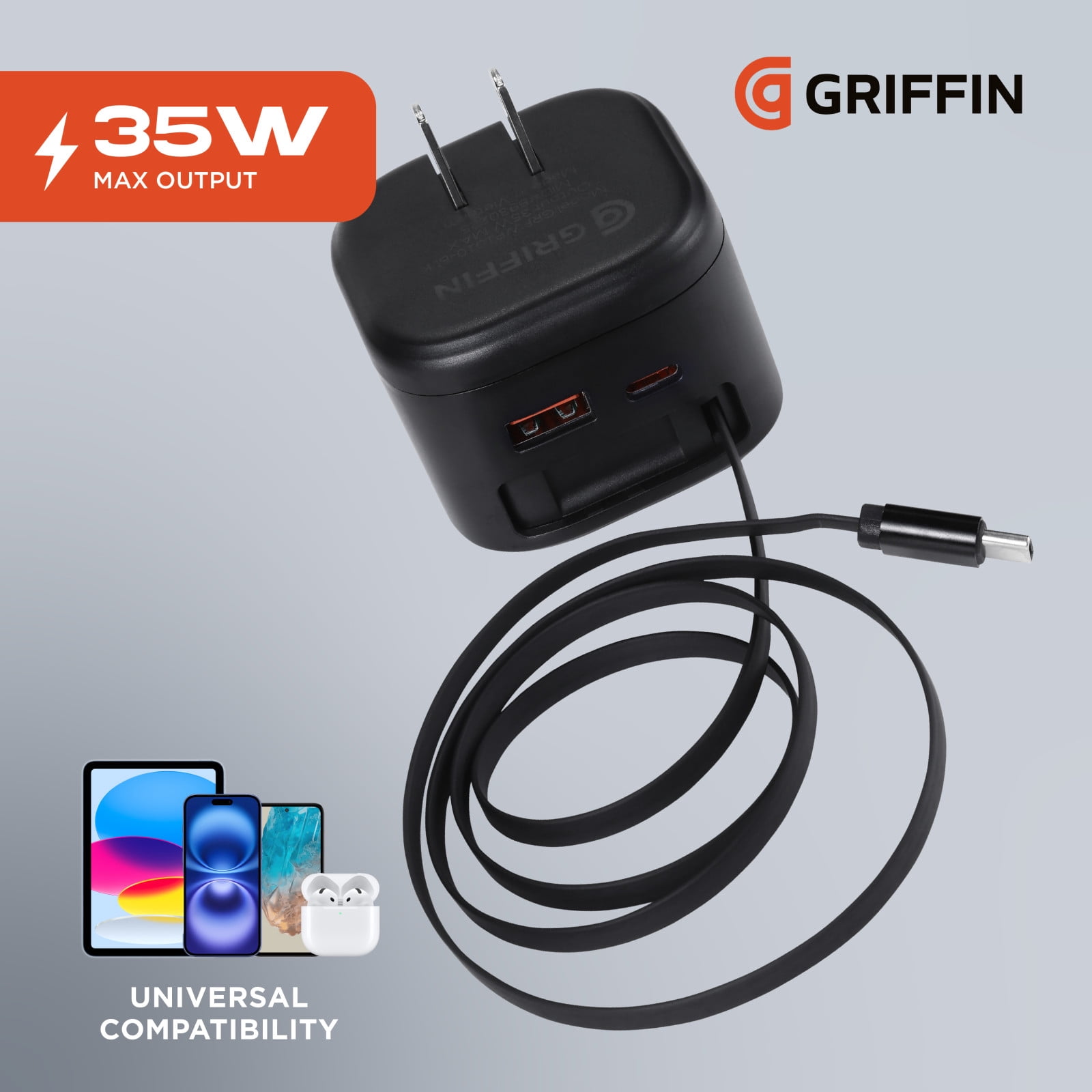 Griffin Dual Port Wall Charger with Retractable USB-C Cable, Power Delivery, Fast Charging (35W Max Output), Dual USB-A & USB-C Ports - Universal Compatibility for Phones and Devices