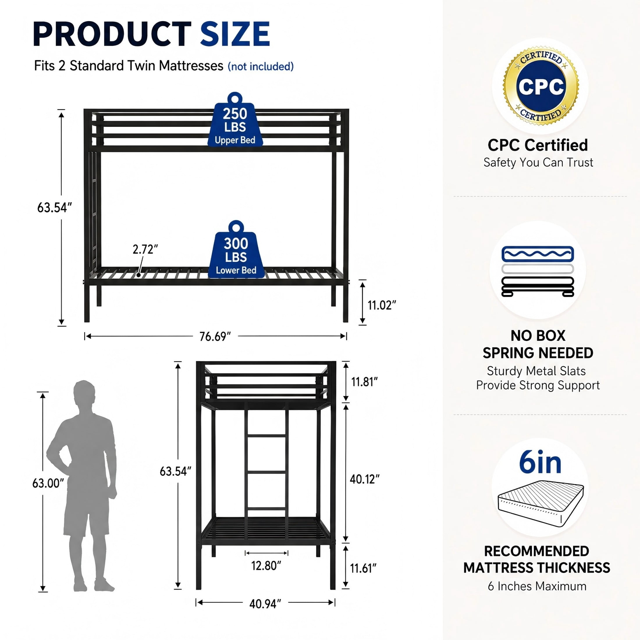 Aukfa Twin over Twin Metal Bunk Bed with Guardrails and Reversible Ladder for Kids, Black