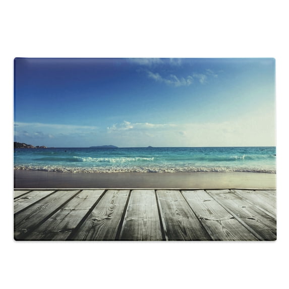 Rustic Wood Cutting Board, Weathered Beach and Wavy Ocean Photography Summer Season Holiday Image, Decorative Tempered Glass Cutting and Serving Board, in 3 Sizes, by Ambesonne
