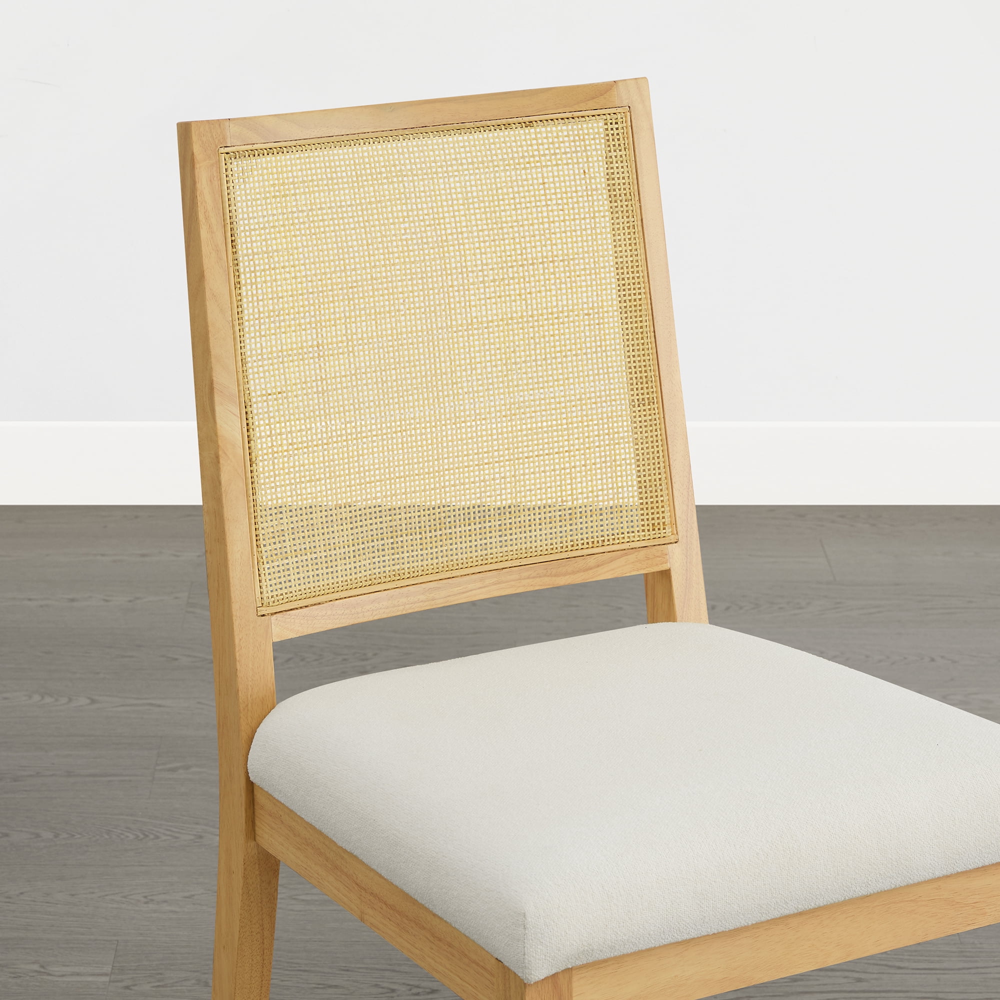 Spruce & Spring Boho Dining Chairs Set of 2 with Hand-Woven Natural Rattan Back, Upholstered Seat & Solid Wood Frame for Dining Room & Kitchen, Ivory Fabric
