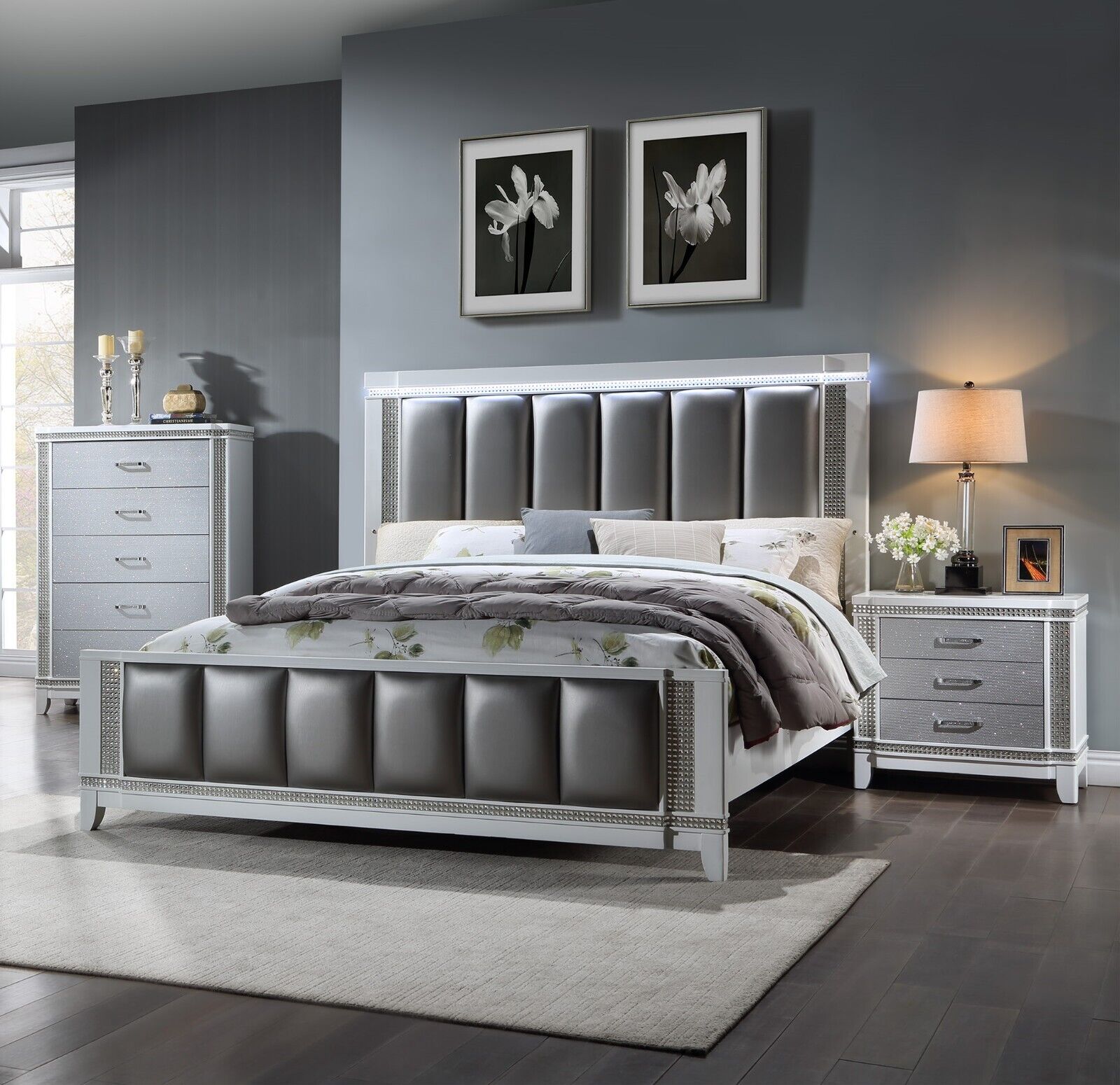 3pc Luxury Modern King LED Panel Bed Chest Nightstand Set Crisp White