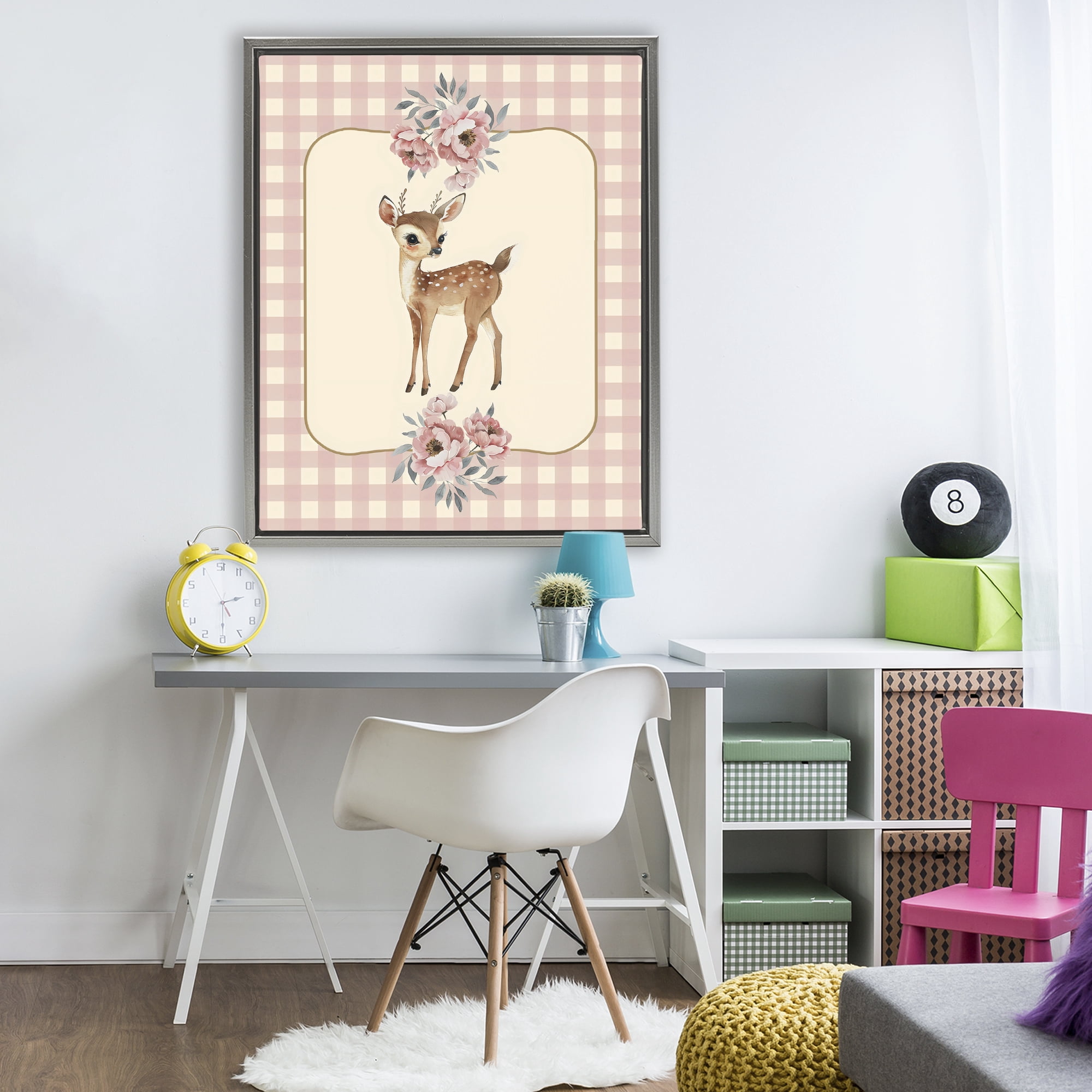 Stupell Industries Baby Deer Pink Gingham Gray Framed Floater Canvas Wall Art, design by LSR Design Studio