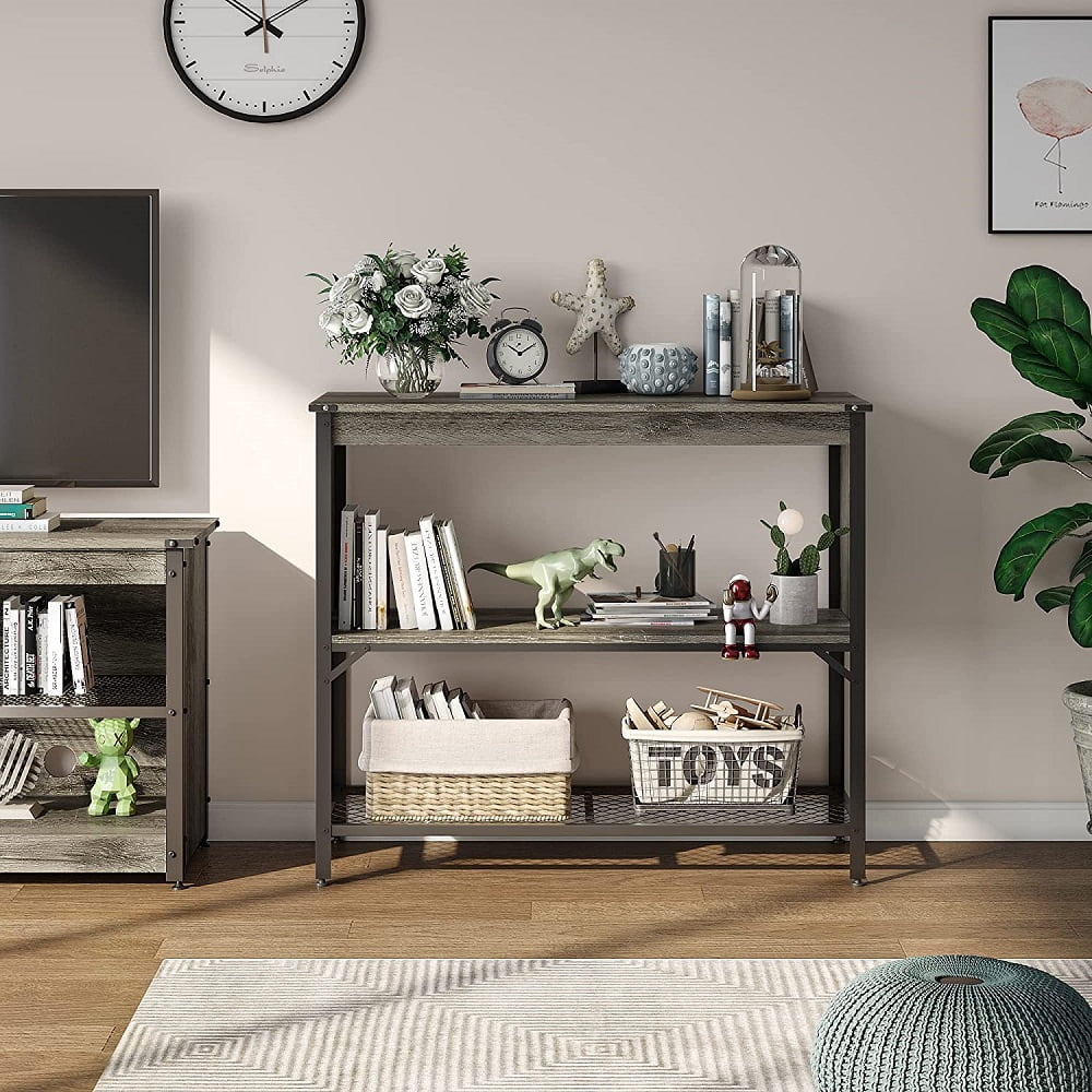 Bestier Farmhouse Kitchen Island with Storage, Portable Coffee Bar Shelf Console Table, Grey