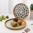 thumbnail image 5 of Round Rattan Tray with Mother of Pearl Inlay, Decorative Wicker Serving Tray with Wooden Base, Woven Basket Trays for Bread Fruits Coffee, Leaf, 5 of 6