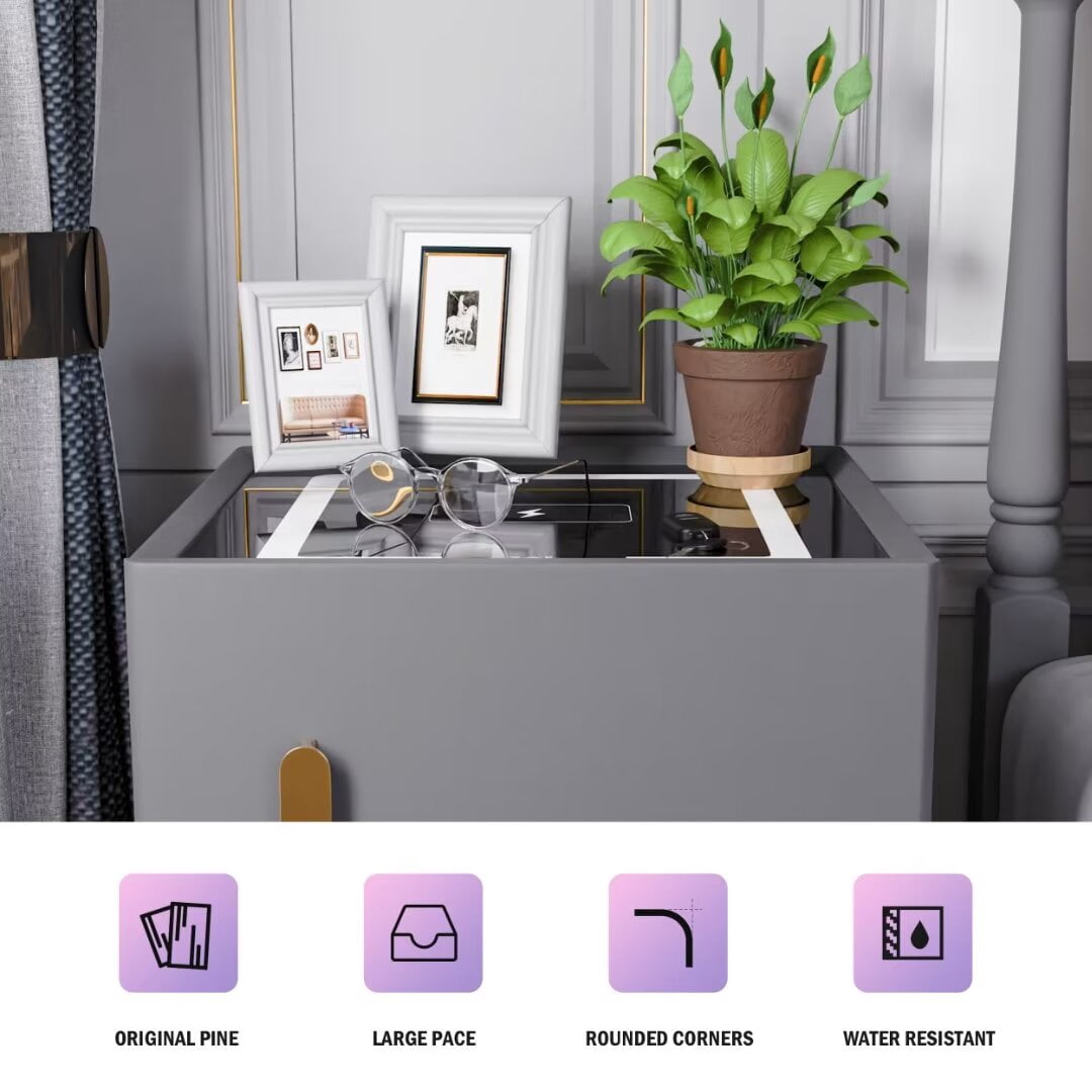 FINE MAKER Smart Nightstand Two Drawer Bedroom Nightstand with Wireless Charging Three Color LED Lighted Nightstand with USB Charging with Hidden Safe