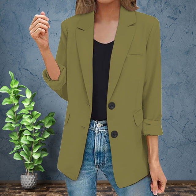 Clearance Sale! Womens Casual Jacket Pockets Long Sleeve Front Button Work Lapel Button Jacket