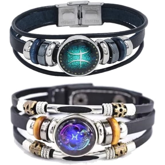 2Pcs Multilayer Zodiac Sign Bracelet Set, Adjustable Woven Leather & Alloy Cuff, Birthday Christmas Gift for Her Him