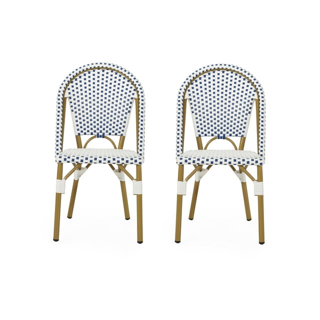 Elize Chaise Bistro Française d'Extérieur (Ensemble de 2), Bleu, Blanc et Fini Bambou