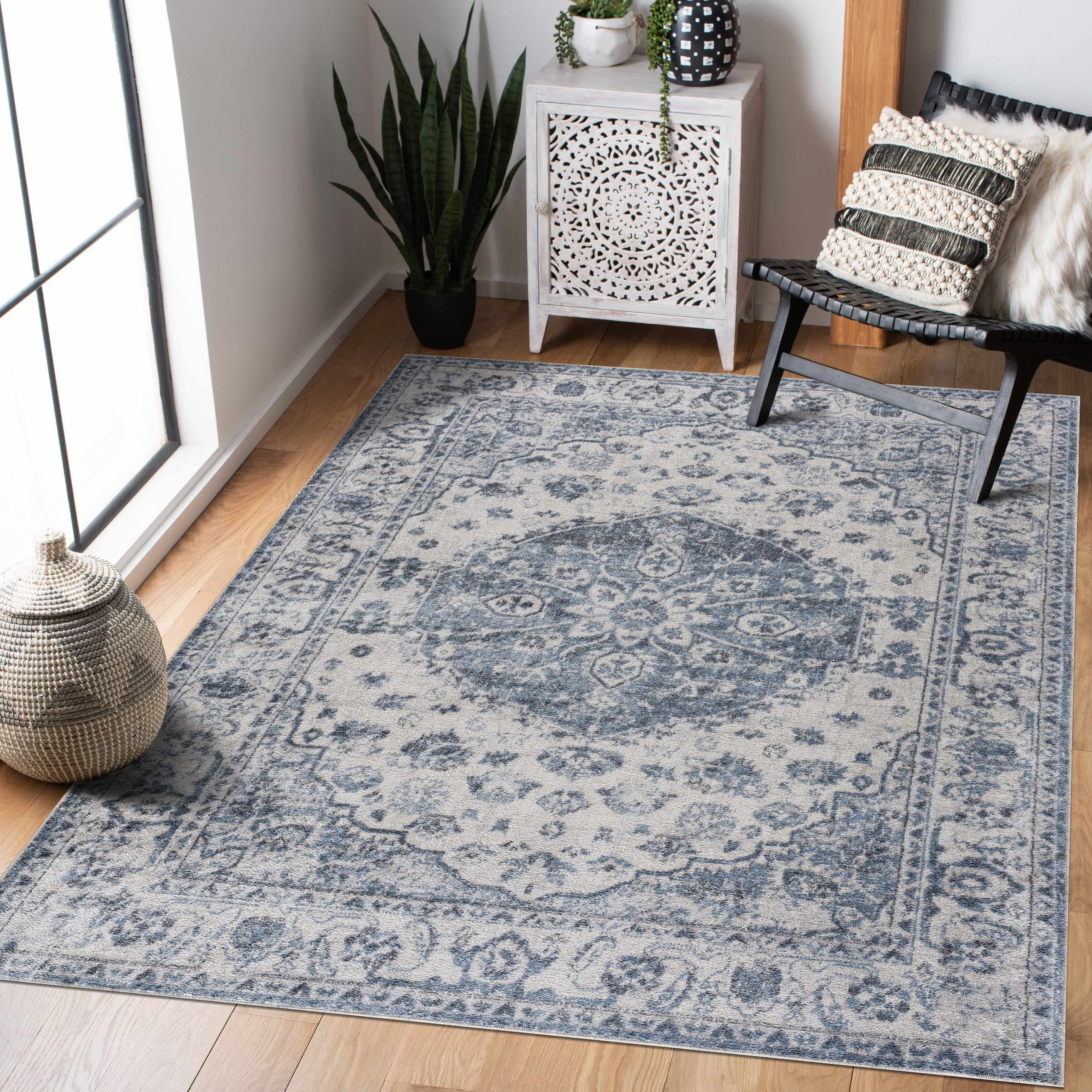 Hauteloom Hiti Hallway, Kitchen Washable Runner Rug - Traditional Oriental Medallion Carpet - Blue, Gray, Beige, Ivory - 2'7" x 7'3"