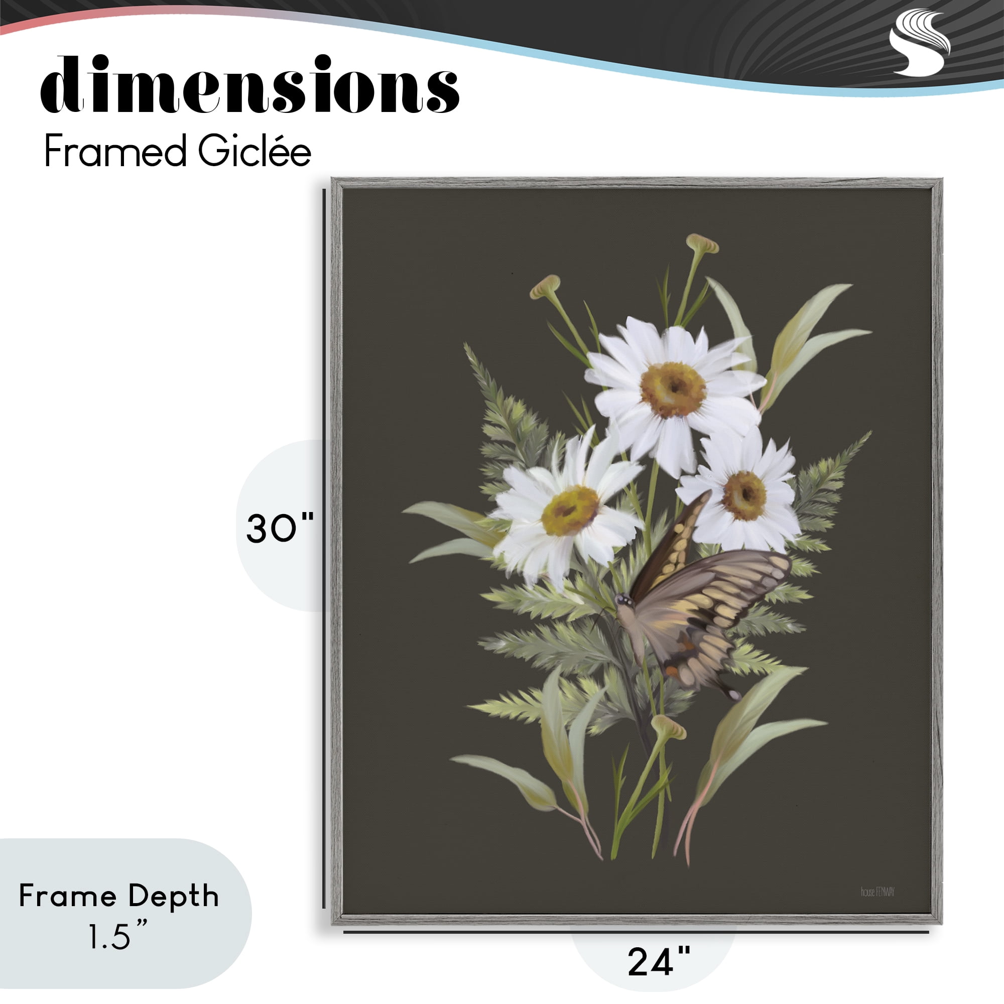 Stupell Industries Daisy Bouquet with Swallowtail Gray Framed Giclee Art, design by House Fenway