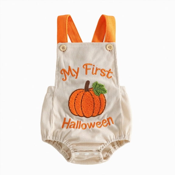 mgoYE My First Halloween Baby Boy Girl Outfit Pumpkin Embroidered Overalls Bubble Romper