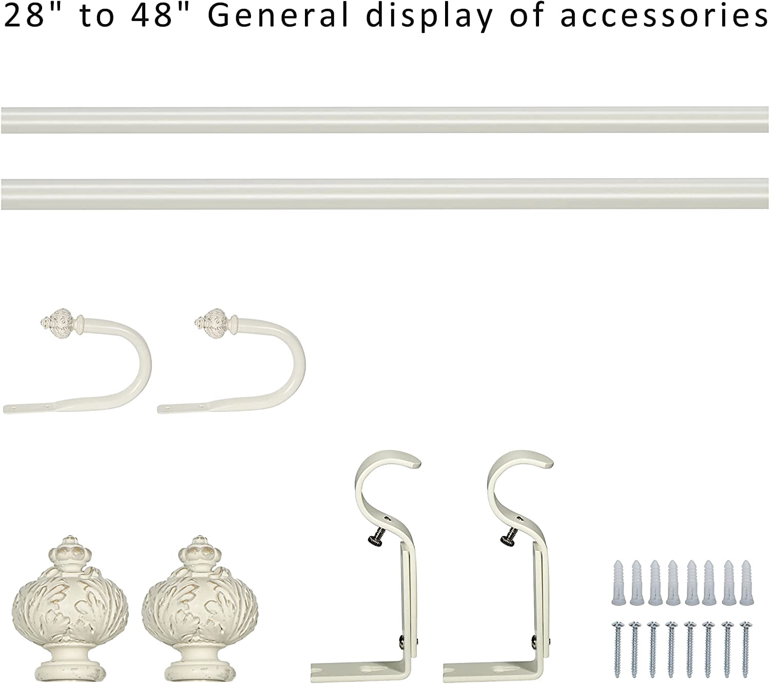 eTeckram 1" Curtain Rod with Albert Finials - 28" to 48", Weathered White