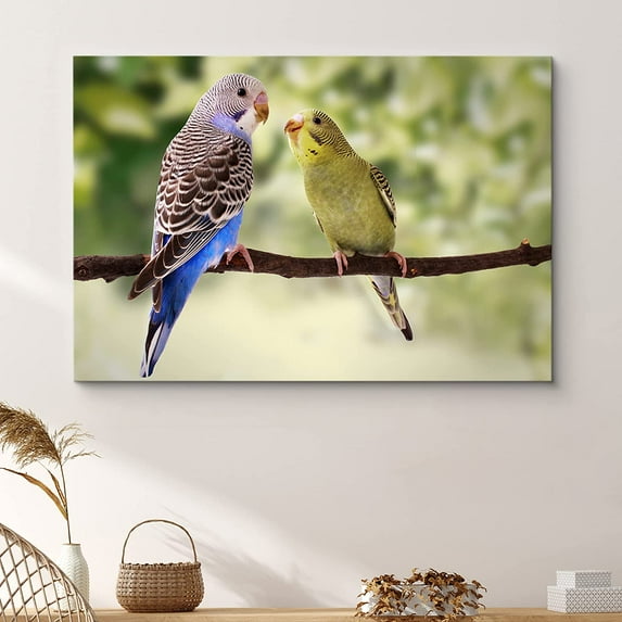 PixonSign Canvas Print Wall Art Blue and Green Parakeets in Tree Animals Wilderness Photography Realism Contemporary Closeup Relax/Calm Multicolor Ultra for Living Room, Bedroom, Office - 24x36