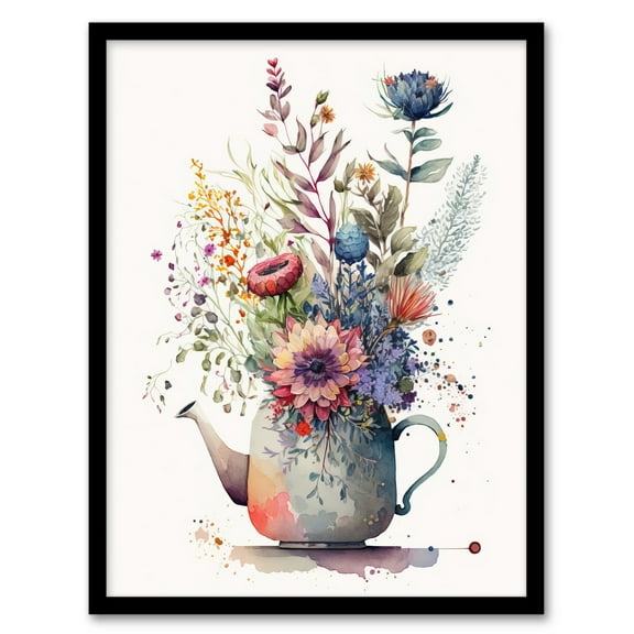 Quirky Wildflower Bouquet in Tea Pot Vase Watercolour Painting Pink Blue Purple Spring Flower Blooms Art Print Framed Poster Wall Decor 12x16 inch
