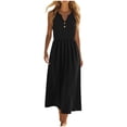 thumbnail image 2 of Women Summer Maxi Dress Solid Color Sleeveless V Neck Button Pleated Elegant Flowy Sundress with Pockets Casual Beach Vacation Dresses, 2 of 9